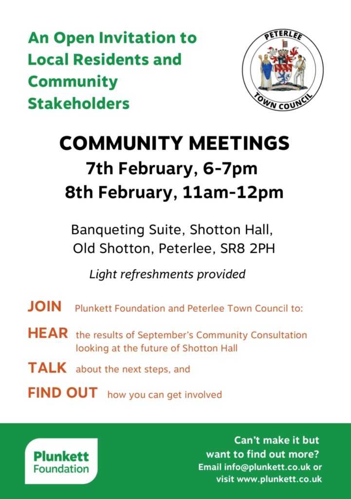 poster advertising community meetings with the Plunkett Foundation