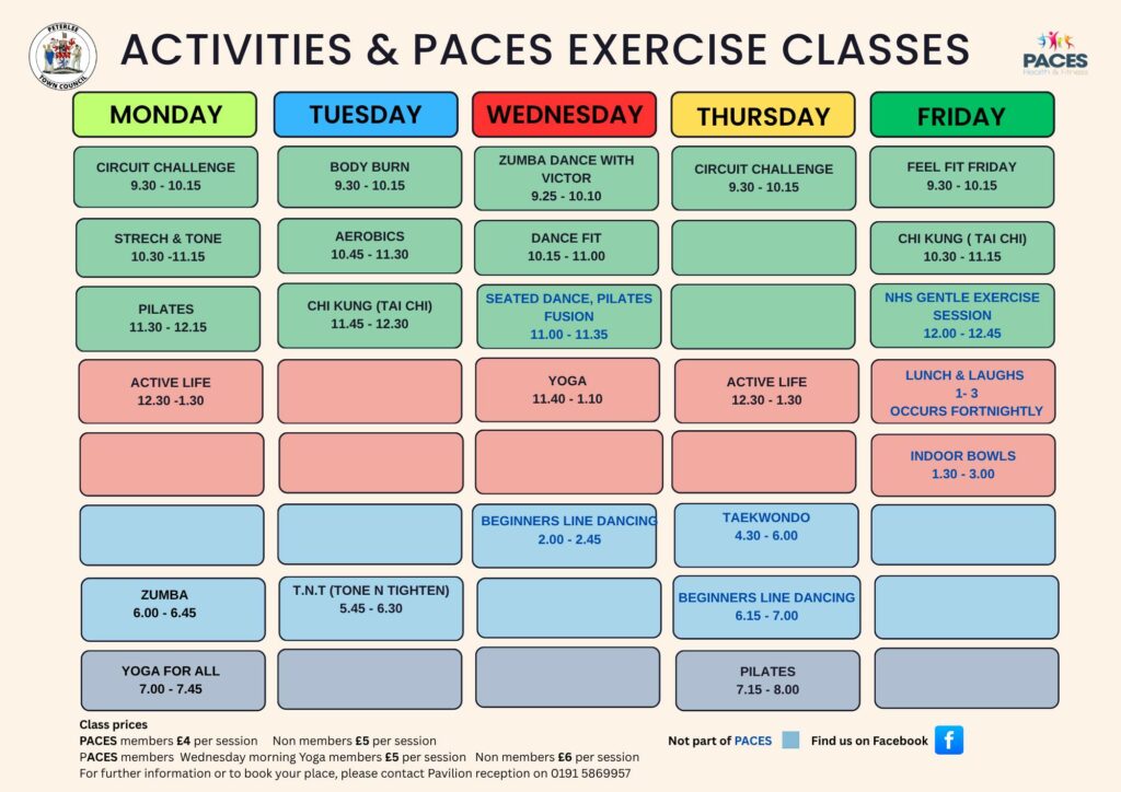 PACES Timetable 2025 This is a poster of the PACES Timetable. For further information, or to book your place, please contact the Pavilion Team on 0191 586 9957