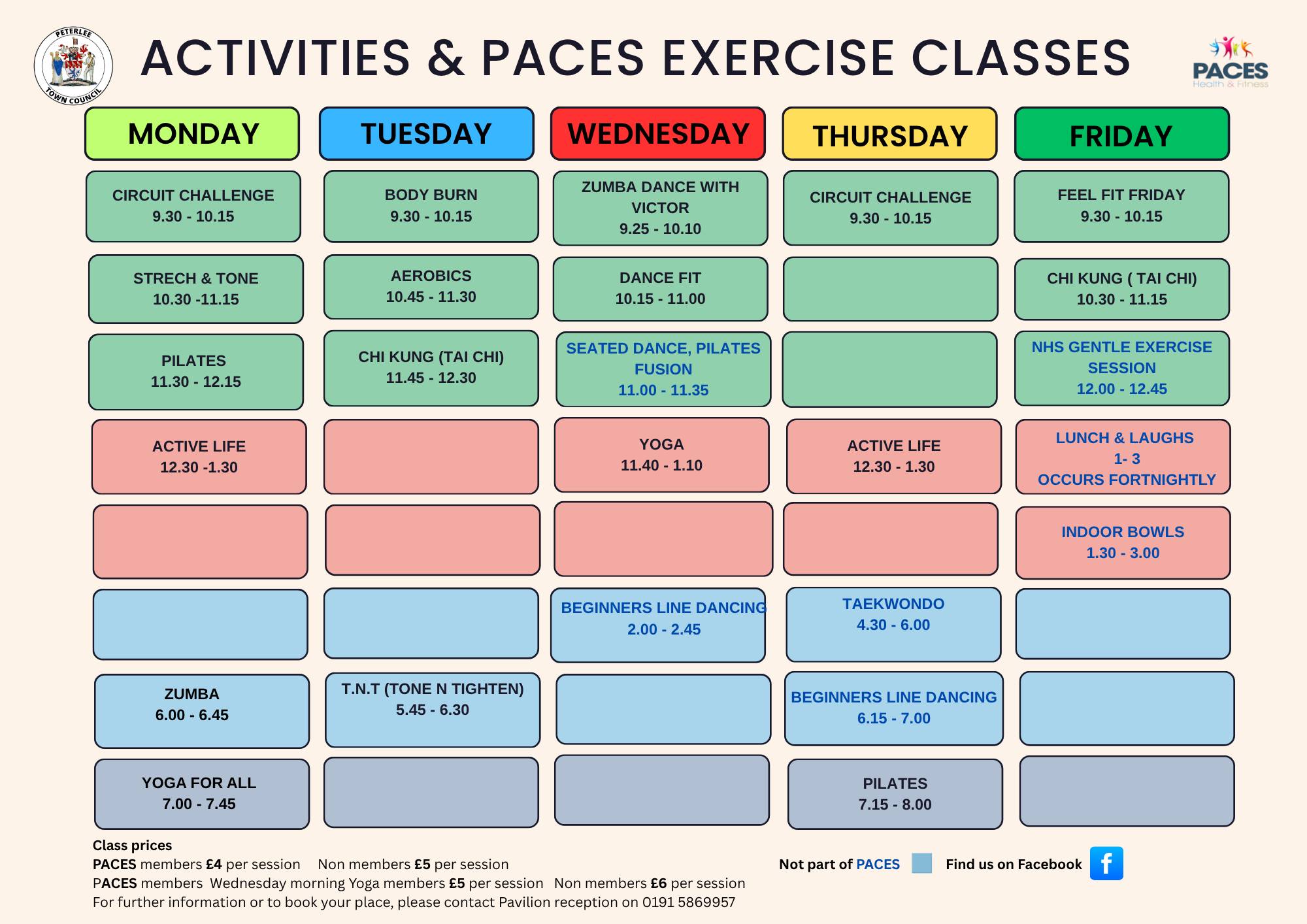 PACES Timetable 2025 This is a poster of the PACES Timetable. For further information, or to book your place, please contact the Pavilion Team on 0191 586 9957