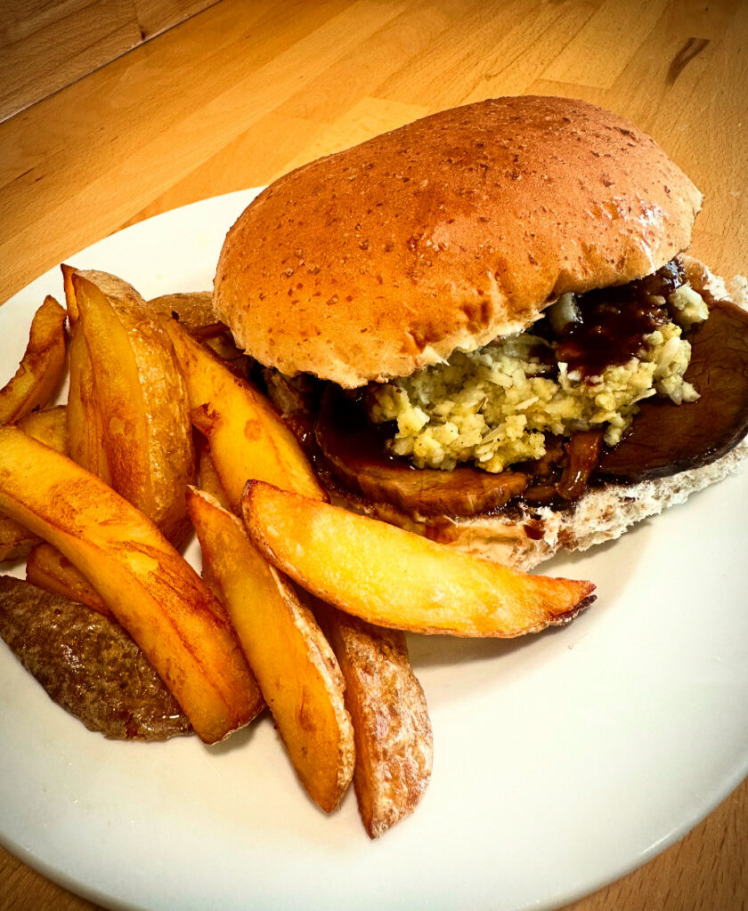 A photo of one of our seasonal specials, a pork, stuffing and gravy bap with homemade chunky chips. There's something new every day! Pop in and see what’s cooking