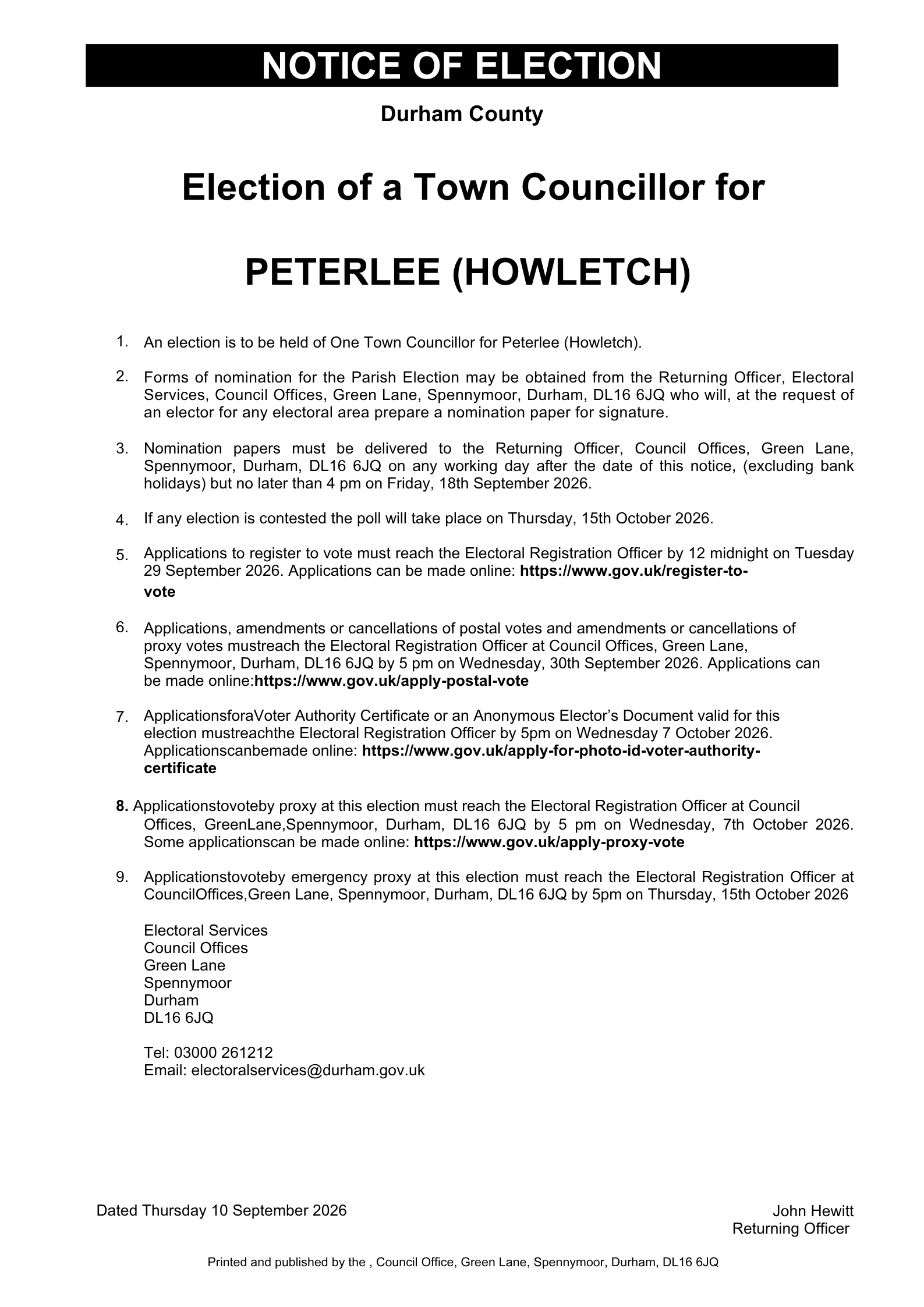 An image of the Notice of Election - Peterlee (Howletch Ward) 